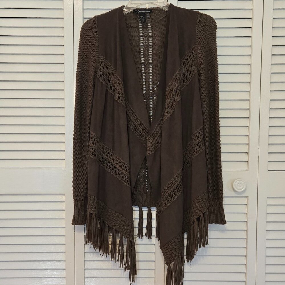 INC Boho Open Front Faux Suede and Fringe Sweater - Size XS